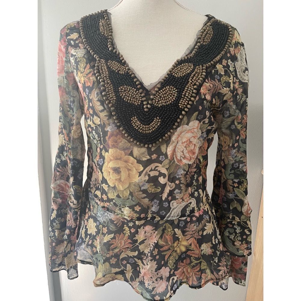 Brazilian brand floral blouse hand sewn beads